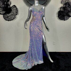 NWT~$550~JOVANI~8~LILAC PURPLE SEQUIN PROM FORMAL HIGH SLIT LACE UP MAXI DRESS